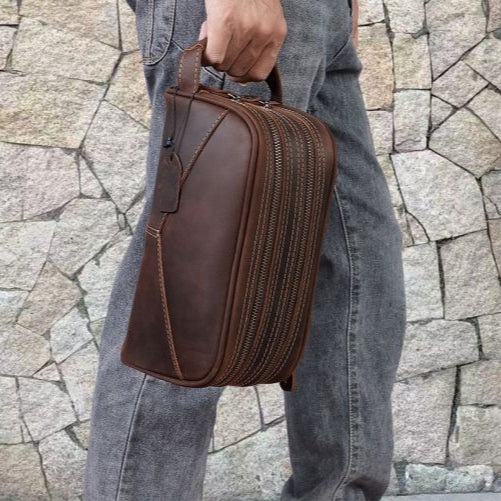 best toiletry bag for travelâ€?Brown Leather Men's Toiletry Bag Leather Roomy Dopp Kit Clutch Wash Kit - iwalletsmen