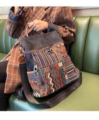 Vintage Convertible Large Boho Style Backpack Black Gray Embroidery Canvas Backpack Boho Crossbody Bag - Feltify