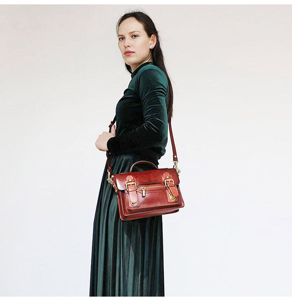Womens Coffee Small Leather Satchel Crossbody Bag - Back View