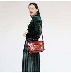 Womens Brown Small Leather Satchel Crossbody Bag Vintage School Handbag Shoulder Bag for Ladies