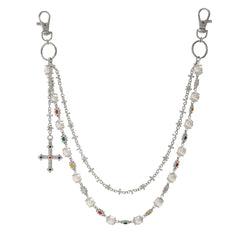 Pearl Wallet Chain for Women Silver Wallet Chain Womens Wallet Chain with Cross - iChainWallets