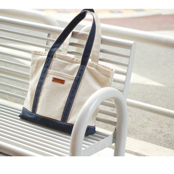 canvas shopper tote​ Women White&Blue Two Tone Canvas Tote Bags Large Canvas Tote Bag Women 