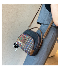 Embroidery Canvas Small Boho Crossbody Bag Boho Canvas Small Round Handbag Shoulder Bag - Feltify