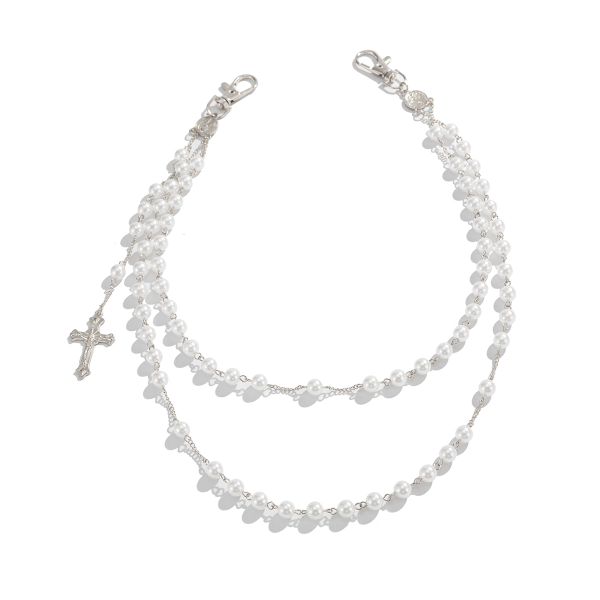 Pearl Wallet Chain Gold Beaded Wallet Chain for Women Double Wallet Chain with Cross - iChainWallets