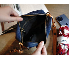 Denim Small Phone Bag Two-tone Denim Leather Crossbody Bag Small Jean Shoulder Bag - Feltify