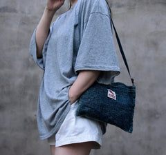 Blue Small Denim Crossbody Bag for Men Small Messnger Bag Womens Jeans Shoulder Bag - Feltify