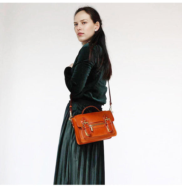 Womens Brown Small Leather Satchel Crossbody Bag - Back View