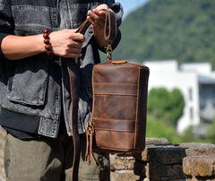Brown Leather Barrel Crossbody Bag Mens Barrel Leather Bag Small Barrel Shoulder Bag - iwalletsmen