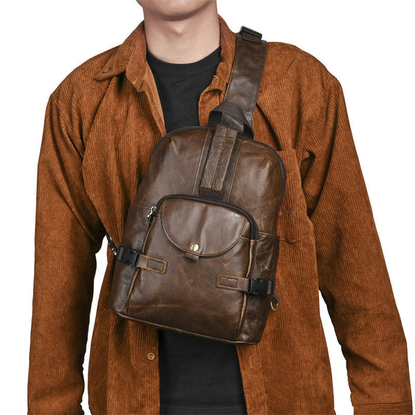 Large Leather Sling Bag for Big Guys - Adjustable Strap