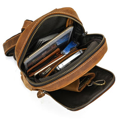 best travel sling bag​ Brown Leather Men's Sling Bag Sling Pack Leather Chest Bag One Strap Backpack For Men