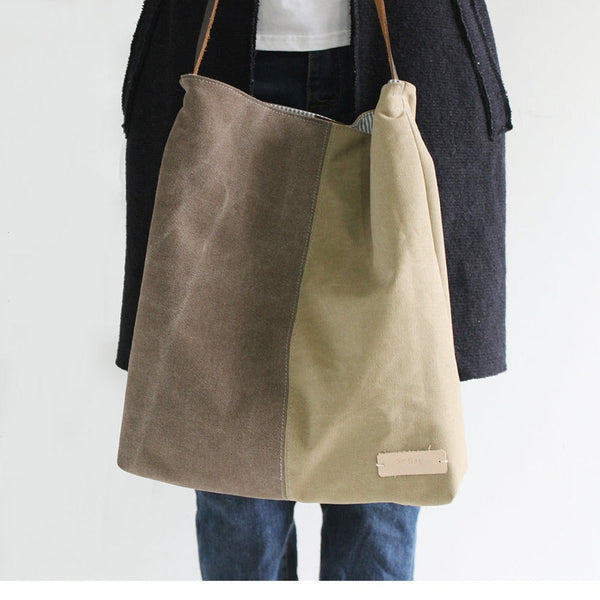 Womens Khaki Canvas Splicing Tote Bag Canvas - Back View
