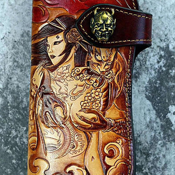 Tooled Leather Biker Wallet Prajna Biker Chain Wallet Handmade Long Wallet for Men