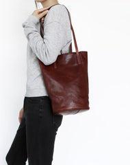 Womens Coffee Leather Bucket Tote Purse Vertical Tote Shopper Shoulder Bag for Ladies