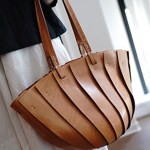 Vintage Brown Leather Splicing Bucket Handbag Tote Women Handmade Shoulder Tote Bag for Women