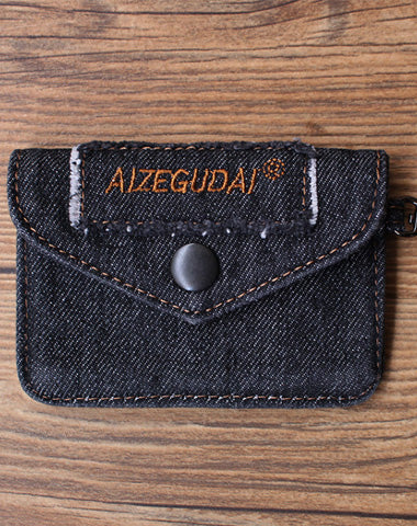Vintage Womens Black Denim Mini Card Holder with Lanyard Denim Small Card Wallet Purse for Women