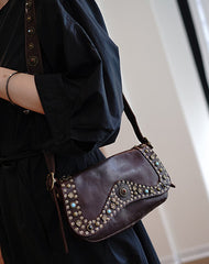 Western Black Womens Rivets Small Shoulder Bag Small Rivets Crossbody Purse for Ladies