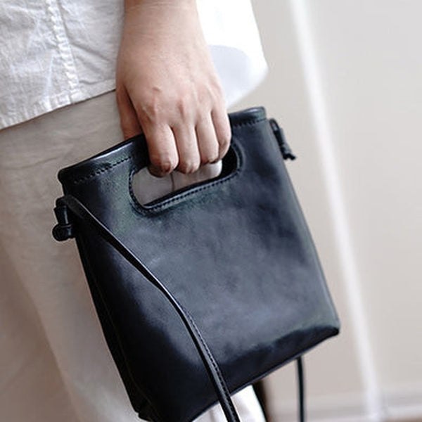 Vintage Womens Black Leather Small Square Handbag Shoulder Bag Purse for Women