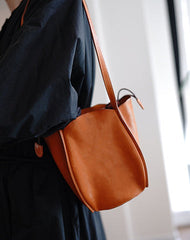 Vintage Womens Coffee Leather Small Bucket Shoulder Bag Flower Bud Bucket Purse for Women