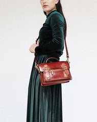 Womens Brown Small Leather Satchel Crossbody Bag Vintage School Handbag Shoulder Bag for Ladies