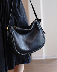 Cute Black Leather Saddle Shoulder Bag Women Saddle Crossbody Bag for Women