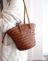 Brown Womens Braided Leather Shoulder Bag Womens Braided Bucket Purse for Ladies