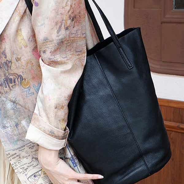 Black Womens Leather Bucket Tote Purse Womens Barrel Tote Shoulder Bag for Ladies