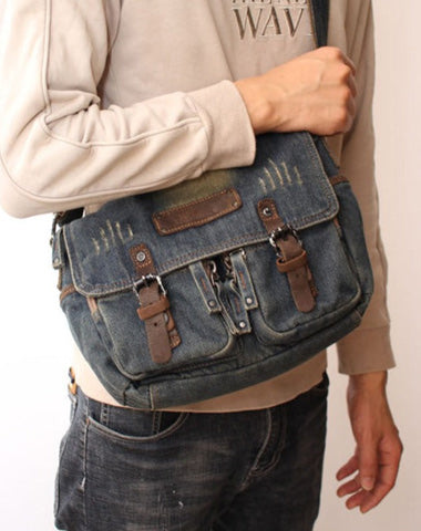 Blue Denim Mens Small Side Bag Denim Small Messenger Bag Vintage Denim Crossbody Bag For Women