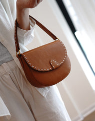 Vintage Womens Brown Leather Small Saddle Handbag Shoulder Bag Purse for Women