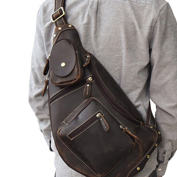 Genuine Leather Cool Chest Bag CrossBody Sling Bag Travel Bag Hiking Bag For Men