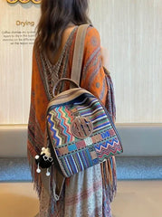 Black Gray Embroidery Canvas Boho Backpack Boho Crossbody Bag for Women - Feltify
