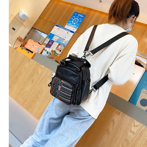 Canvas Convertible Boho Backpack Crossbody Bag Black Gray Canvas Convertible Boho Crossbody Handbags - Feltify