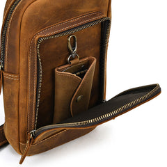 best travel sling bag​ Brown Leather Men's Sling Bag Sling Pack Leather Chest Bag One Strap Backpack For Men