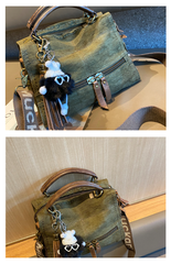 Dark Green Convertible Canvas Handbag Crossbody Bag With Outside Pockets Canvas Convertible Backpack Shoulder Bag - Feltify