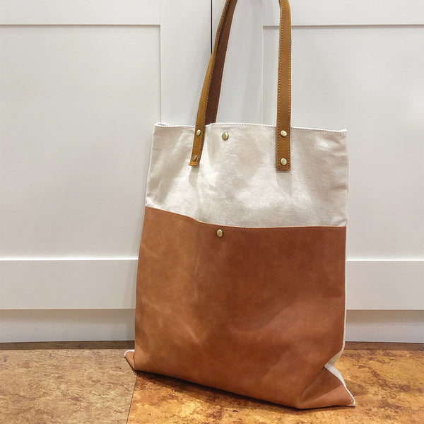 White&Brown Canvas Tote Bag Canvas Leather Handbag - Back View