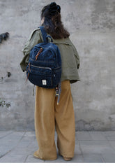 Blue Denim Backpack for Women Striped Jean Backpack Mens Striped Backpack - Feltify