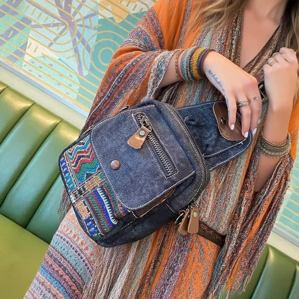 Boho Canvas Sling Bag Crossbody Bag Crossbody Backpack Canvas Boho Embroidery Shoulder Bag - Feltify