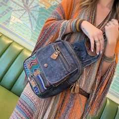 Boho Canvas Sling Bag Crossbody Bag Crossbody Backpack Canvas Boho Embroidery Shoulder Bag - Feltify