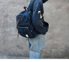 Blue Denim Backpack for Women Striped Jean Backpack Mens Striped Backpack - Feltify