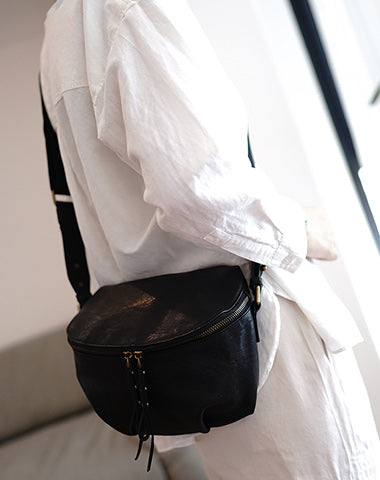 Vintage Womens Black Leather Saddle Shoulder Bag Crossbody Bag for Women