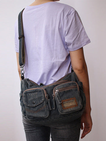 Blue Denim Side Bag Mens Denim Messenger Bag Vintage Denim Crossbody Bag For Women