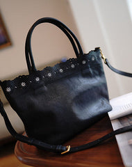 Classic Black Leather Hollowed Out Flowers Handbag Women Flowers Shoulder Bag for Women