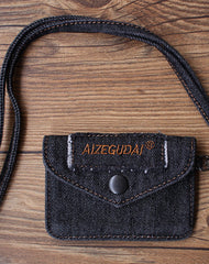 Vintage Womens Denim Card Holder with Lanyard Denim Black Small Card Coin Purse for Women