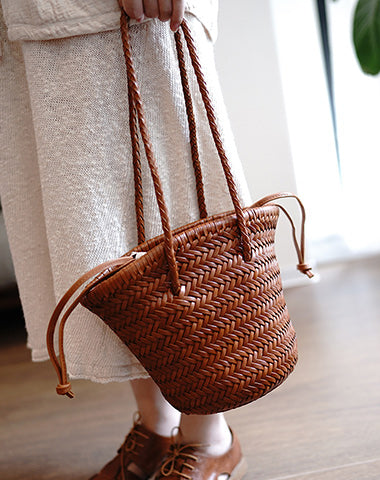 Brown Womens Braided Leather Shoulder Bag Womens Braided Bucket Purse for Ladies