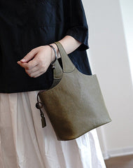 Vintage Coffee Leather Small Bucket Handbag Women Handmade Small Barrel Bag for Women