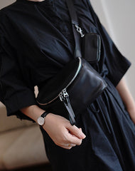 Vintage Womens Black Leather Small Small Sling Bag Chest Bag for Women