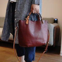 Fashion Classic Red Brown Leather Tote Handbag Women Square Tote Shoulder Bag for Women