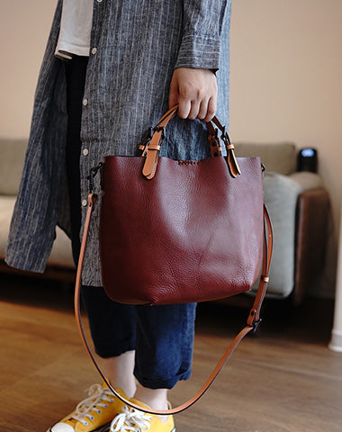 Fashion Classic Red Brown Leather Tote Handbag Women Square Tote Shoulder Bag for Women