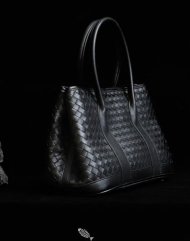 Womens Black Leather Braid Handbag Handmade Commuting Braided Handbag for Ladies