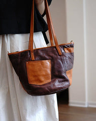 Vintage Brown Leather Stitching Style Shoulder Tote Women Tote Handbag for Women