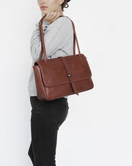 Womens Brown Leather Shoulder Purse Vintage Flip Commuting Bag for Ladies
